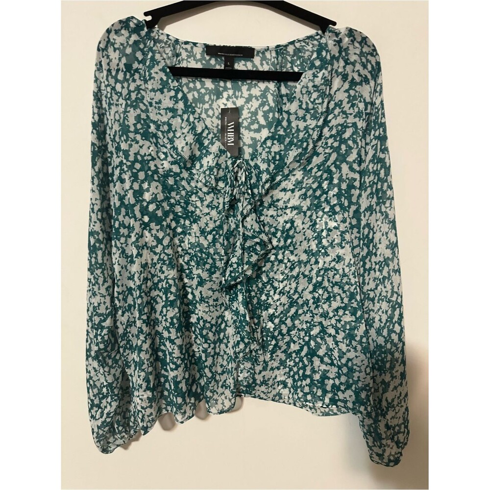 White House Black Market Ruffle Front Blouse SZ L V Neck Color Teal - Picture 4 of 14